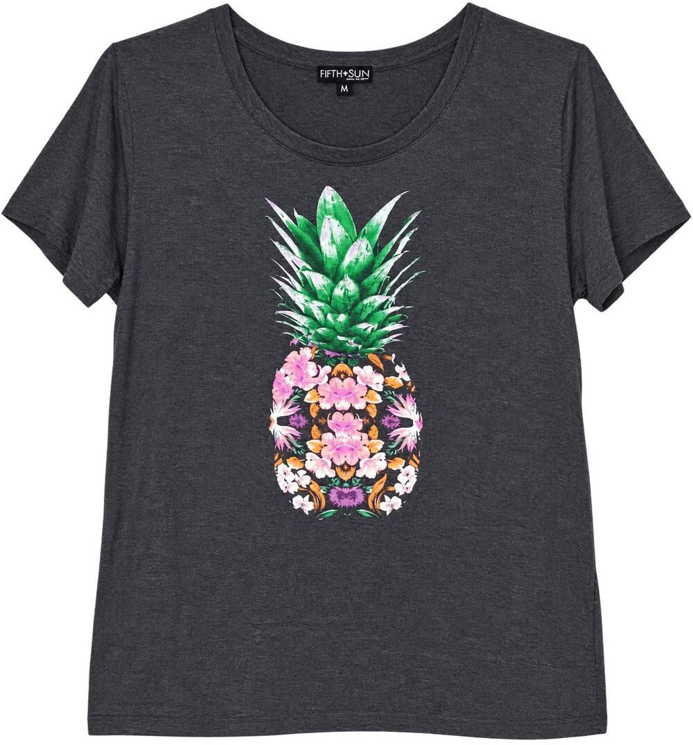 Fifth + Sun Women's Charcoal Floral Pineapple Graphic T-Shirt Size M